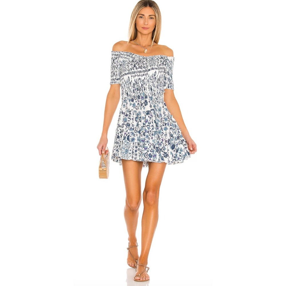 Poupette St Barth Soledad Dress Large Blue Floral Smocked Ruffle Mini Resort‎